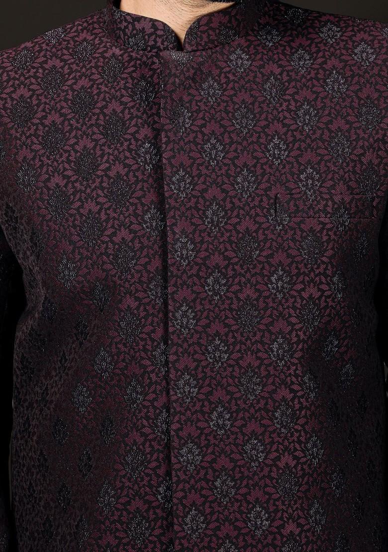 Burgundy Solid Poly Blend Indowestern Sherwani Set For Men