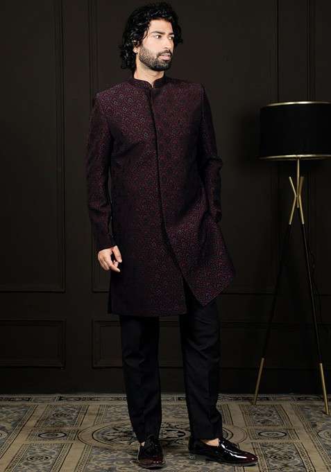 Burgundy Solid Poly Blend Indowestern Sherwani Set For Men