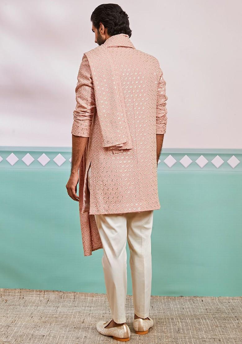 Peach Embroidered Poly Blend Indowestern Sherwani Set For Men