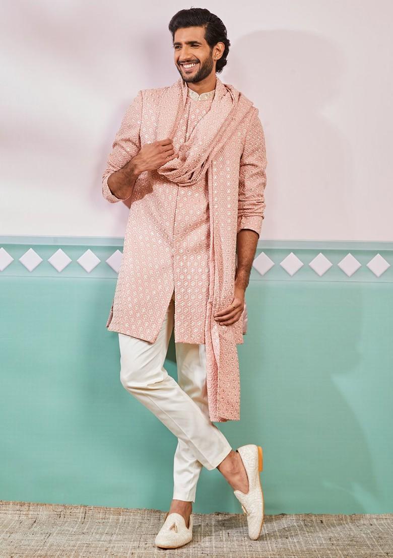 Peach Embroidered Poly Blend Indowestern Sherwani Set For Men