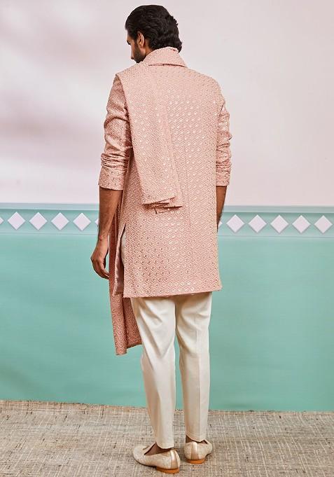 Peach Embroidered Poly Blend Indowestern Sherwani Set For Men
