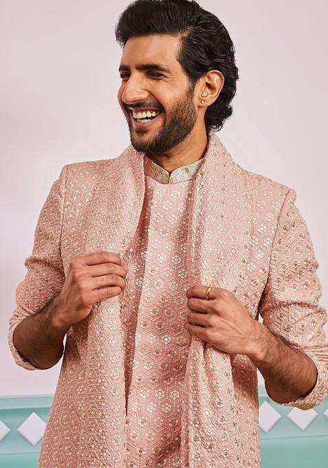 Peach Embroidered Poly Blend Indowestern Sherwani Set For Men