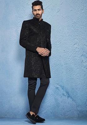 Black Embroidered Poly Blend Indowestern Sherwani Set For Men