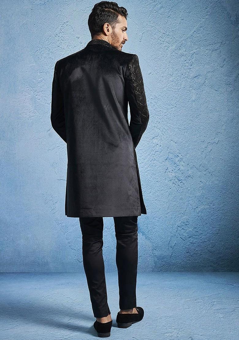 Black Embroidered Poly Blend Indowestern Sherwani Set For Men