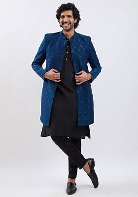 Turquoise Blue Embroidered Poly Blend Indowestern Sherwani Set For Men