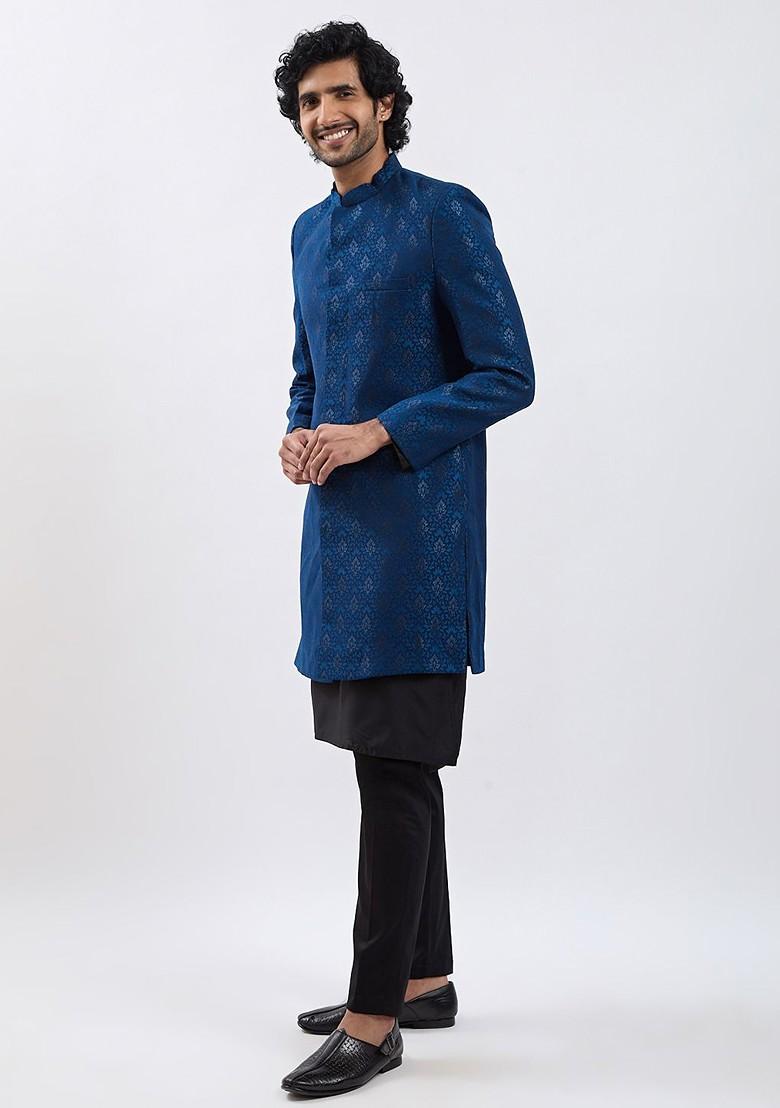 Turquoise Blue Embroidered Poly Blend Indowestern Sherwani Set For Men
