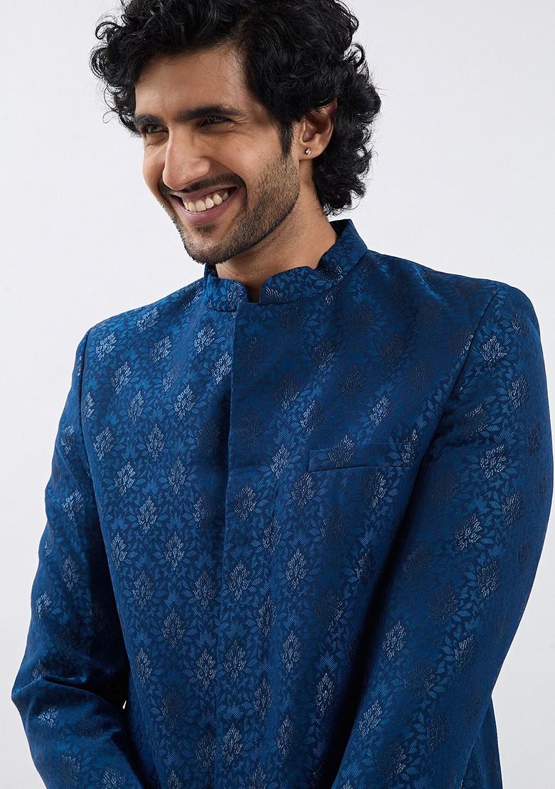 Turquoise Blue Embroidered Poly Blend Indowestern Sherwani Set For Men