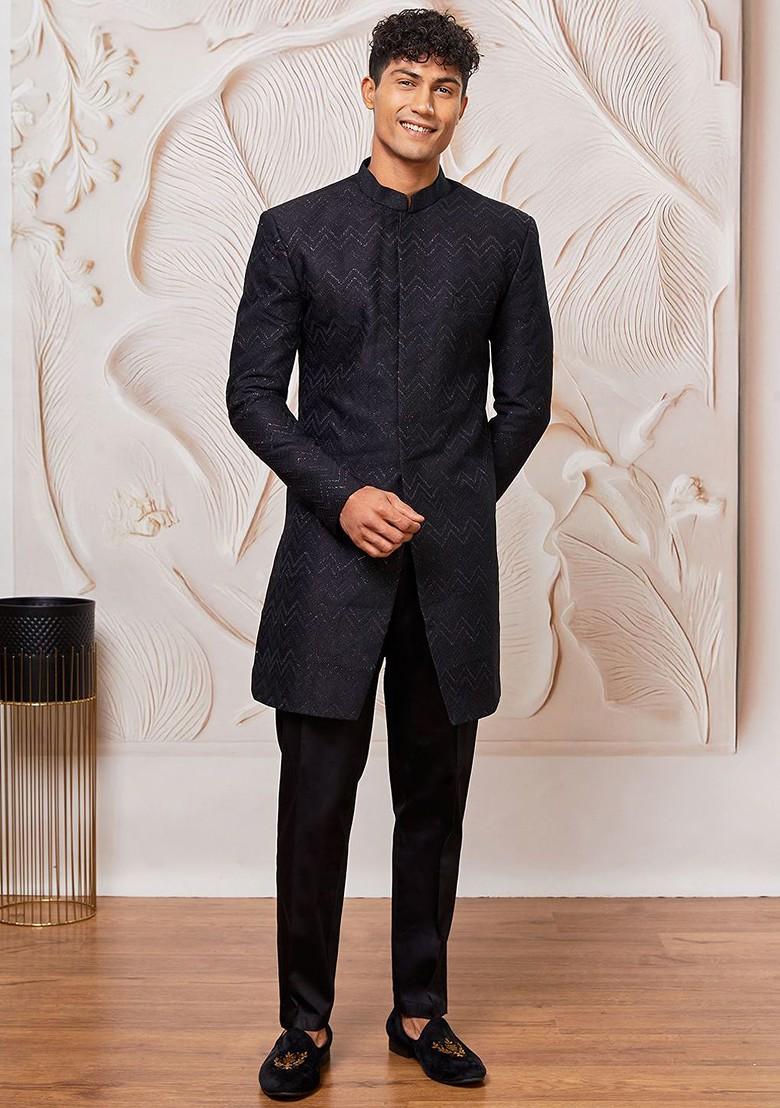 Black Solid Poly Blend Indowestern Sherwani Set For Men