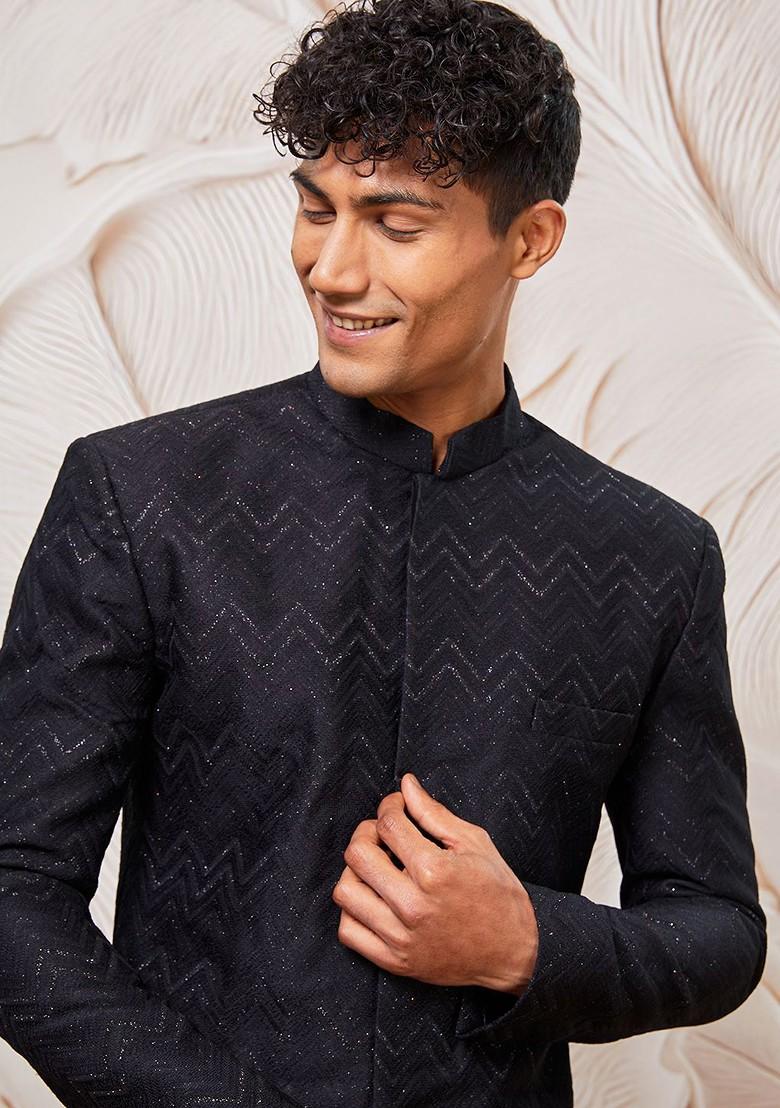 Black Solid Poly Blend Indowestern Sherwani Set For Men