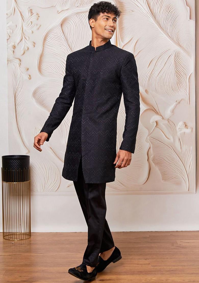 Black Solid Poly Blend Indowestern Sherwani Set For Men