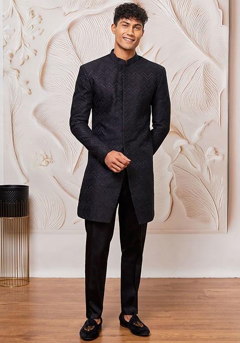 Black Solid Poly Blend Indowestern Sherwani Set For Men