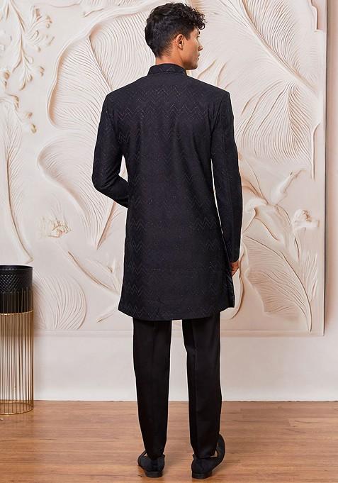 Black Solid Poly Blend Indowestern Sherwani Set For Men
