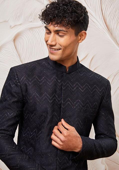 Black Solid Poly Blend Indowestern Sherwani Set For Men