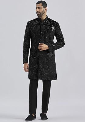 Black Embroidered Poly Blend Indowestern Sherwani Set For Men