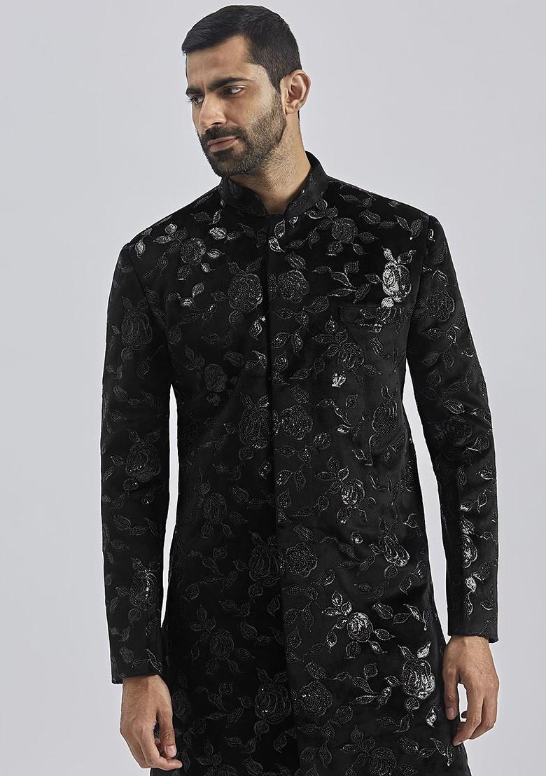 Black Embroidered Poly Blend Indowestern Sherwani Set For Men