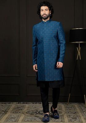 Turquoise Blue Printed Poly Blend Indowestern Sherwani Set For Men