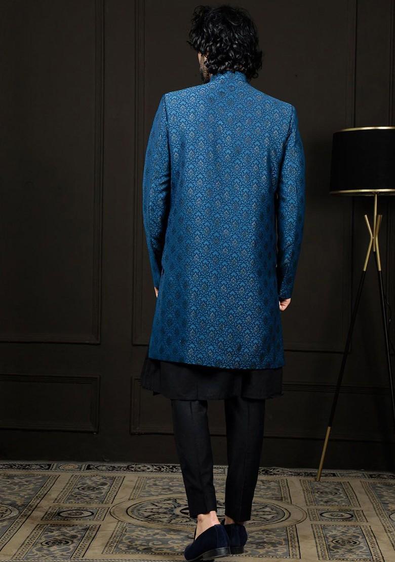 Turquoise Blue Printed Poly Blend Indowestern Sherwani Set For Men