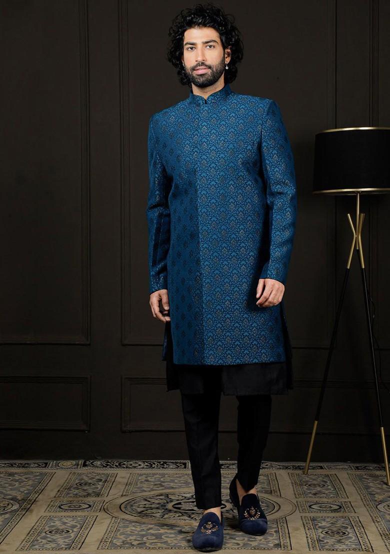 Turquoise Blue Printed Poly Blend Indowestern Sherwani Set For Men