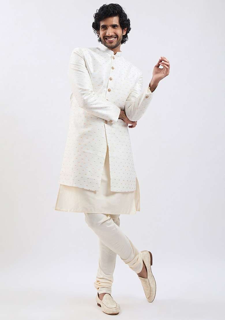 Cream Embroidered Silk Blend Indowestern Sherwani Set For Men - Indya