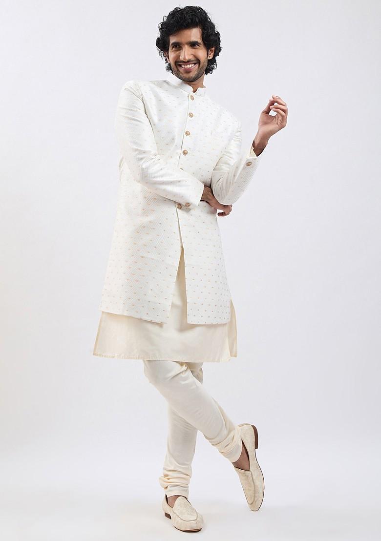 Cream Embroidered Silk Indowestern Sherwani Set For Men