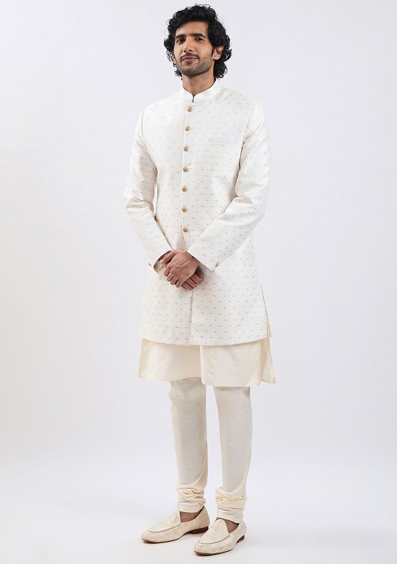 Cream Embroidered Silk Indowestern Sherwani Set For Men