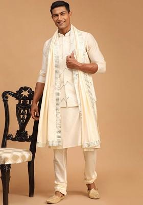 Cream Solid Poly Blend Kurta Set For Men