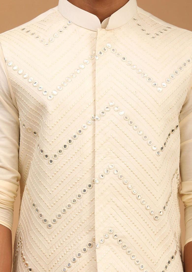 Cream Solid Poly Blend Kurta Set For Men