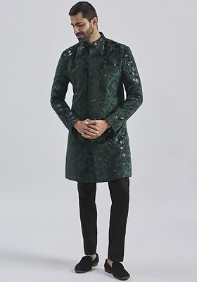 Green Embroidered Cotton Indowestern Sherwani Set For Men