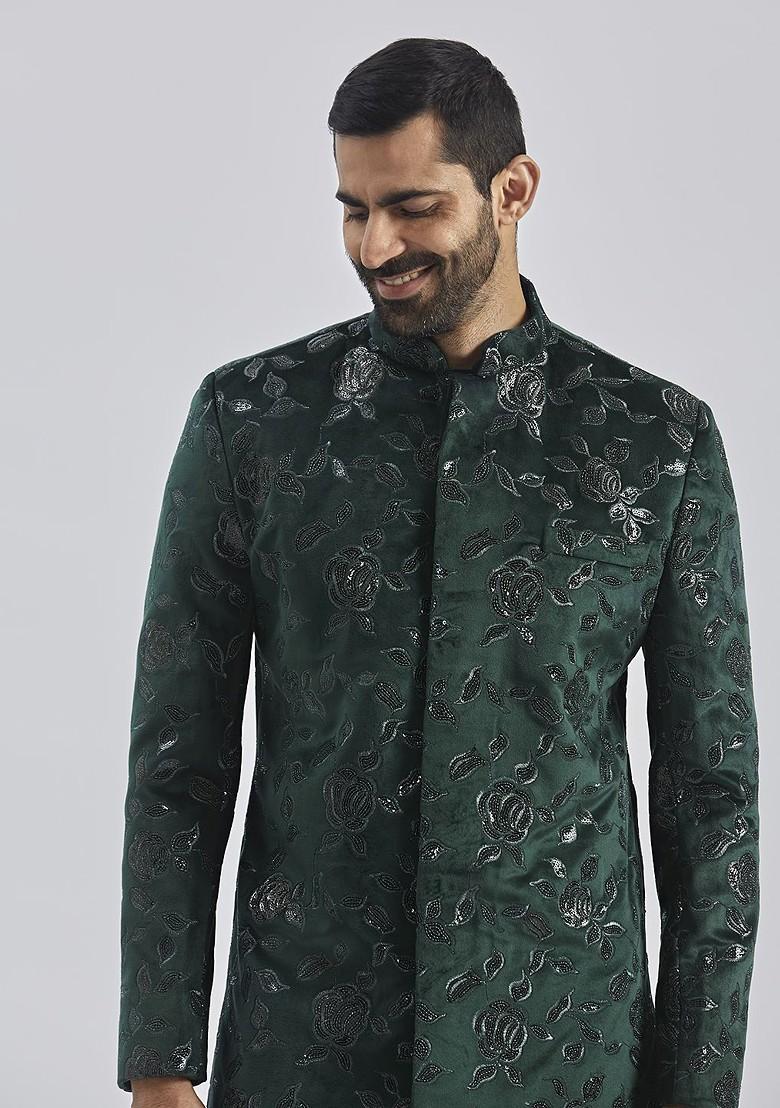 Green Embroidered Cotton Indowestern Sherwani Set For Men
