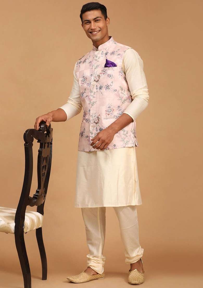 Cream Floral Print Poly Blend Kurta Set For Men - Indya