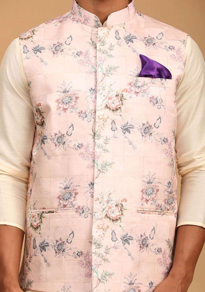 Cream Floral Print Poly Blend Kurta Set For Men - Indya