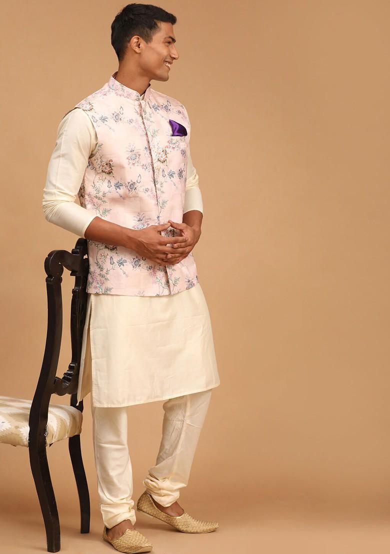 Cream Floral Print Poly Blend Kurta Set For Men