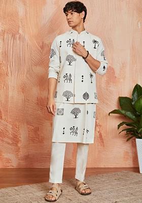 Cream Abstract Print Poly Blend Kurta Set For Men