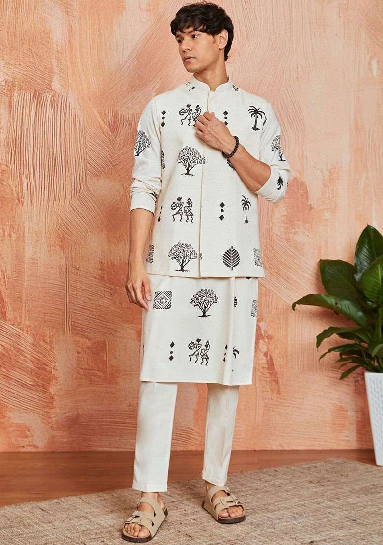 Cream Abstract Print Poly Blend Kurta Set For Men - Indya