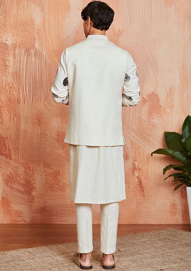 Cream Abstract Print Poly Blend Kurta Set For Men