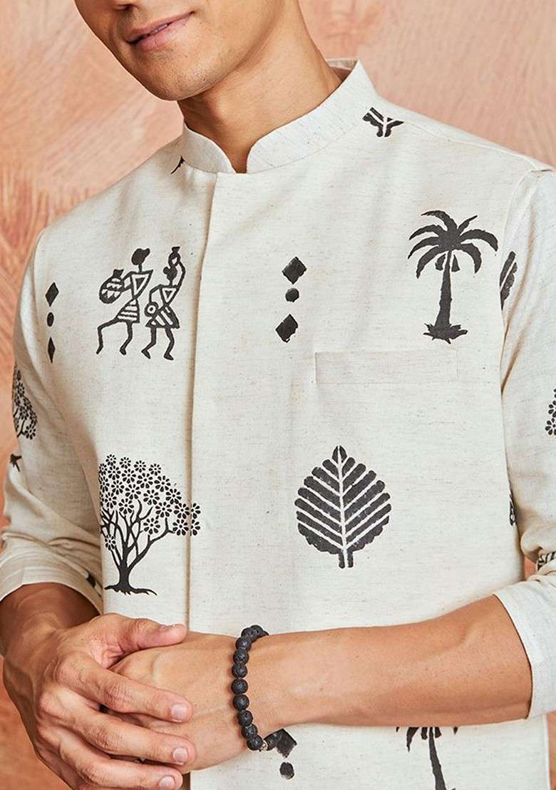 Cream Abstract Print Poly Blend Kurta Set For Men - Indya