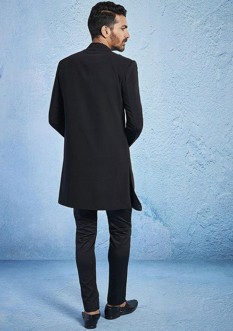 Black Embroidered Poly Blend Indowestern Sherwani Set For Men