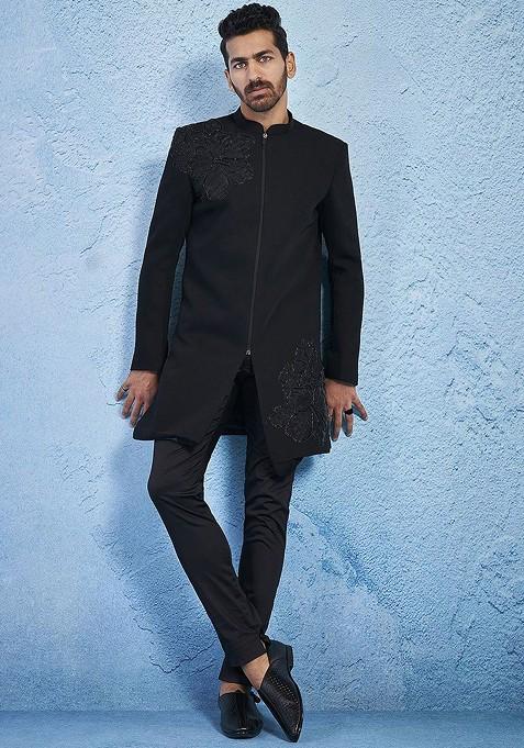 Black Embroidered Poly Blend Indowestern Sherwani Set For Men — view on Indya