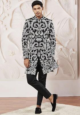 Black Embroidered Poly Blend Indowestern Sherwani Set For Men
