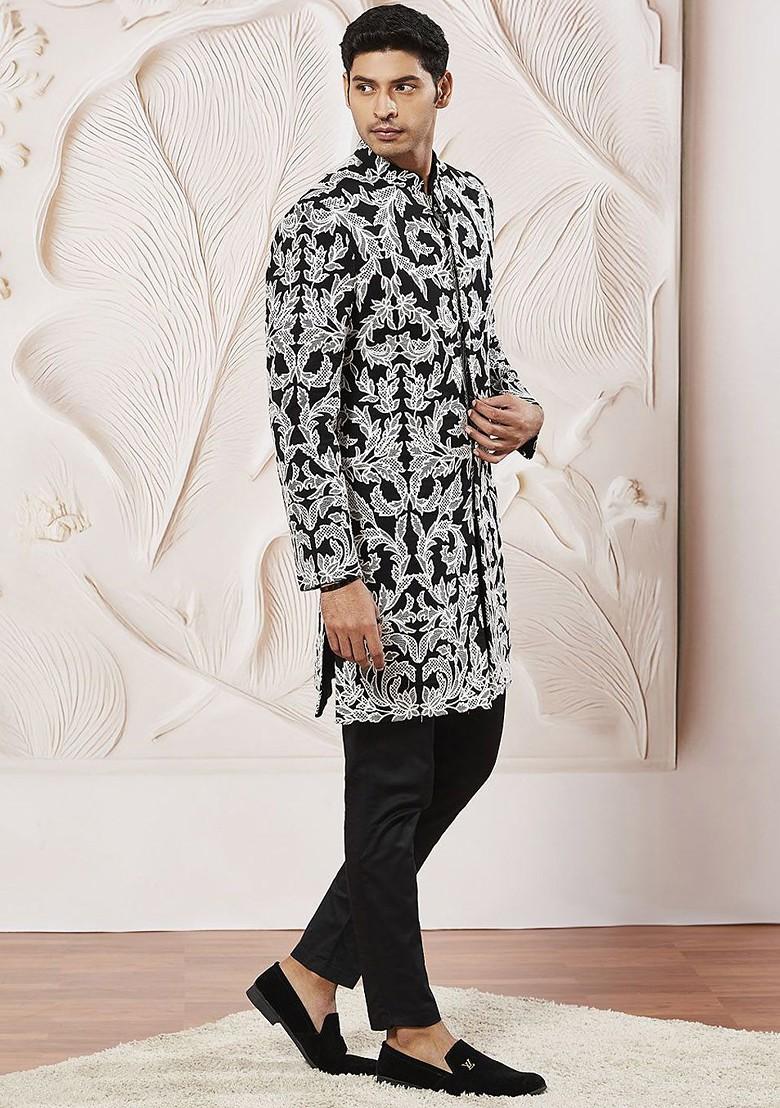Black Embroidered Poly Blend Indowestern Sherwani Set For Men