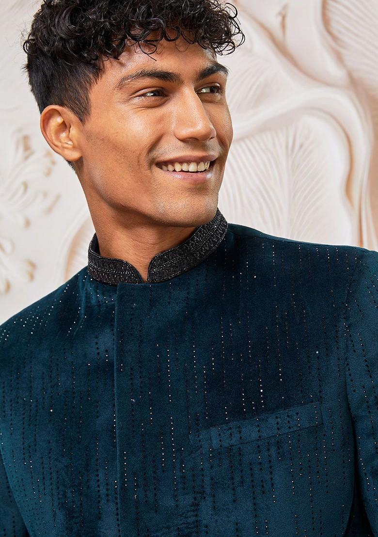 Teal Embroidered Poly Blend Indowestern Sherwani Set For Men
