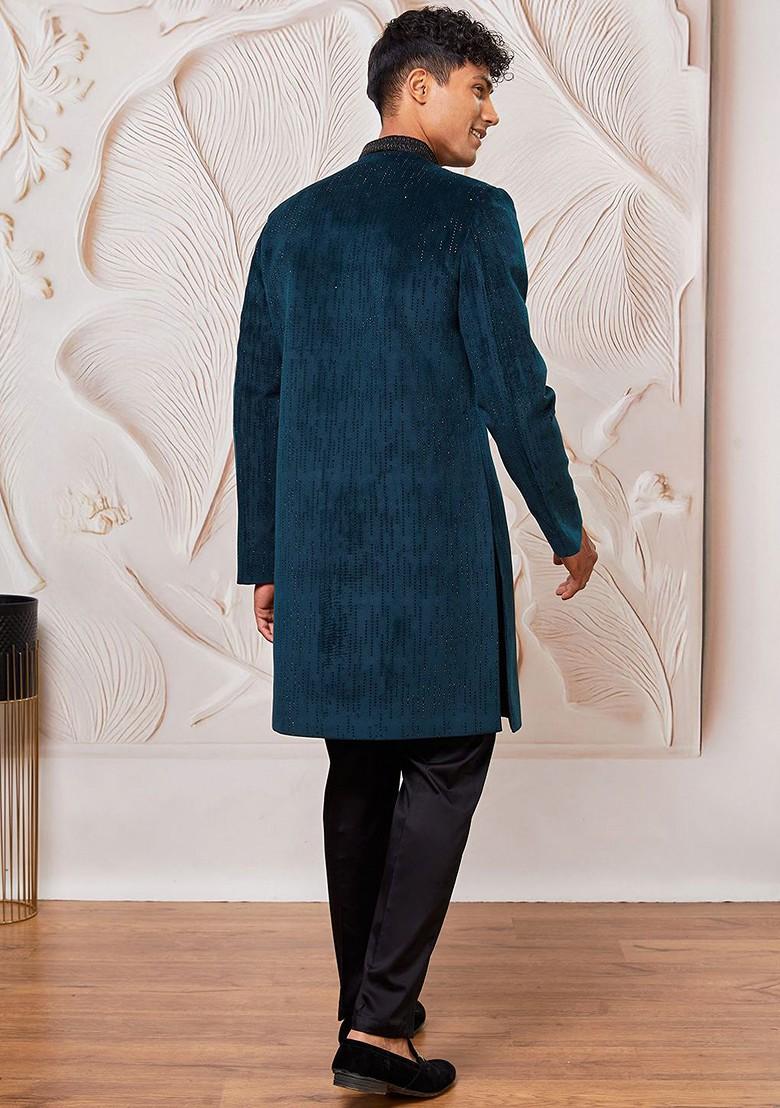 Teal Embroidered Poly Blend Indowestern Sherwani Set For Men