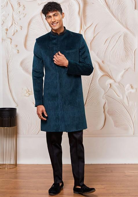 Teal Embroidered Poly Blend Indowestern Sherwani Set For Men