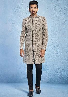 Beige Embroidered Poly Blend Indowestern Sherwani Set For Men