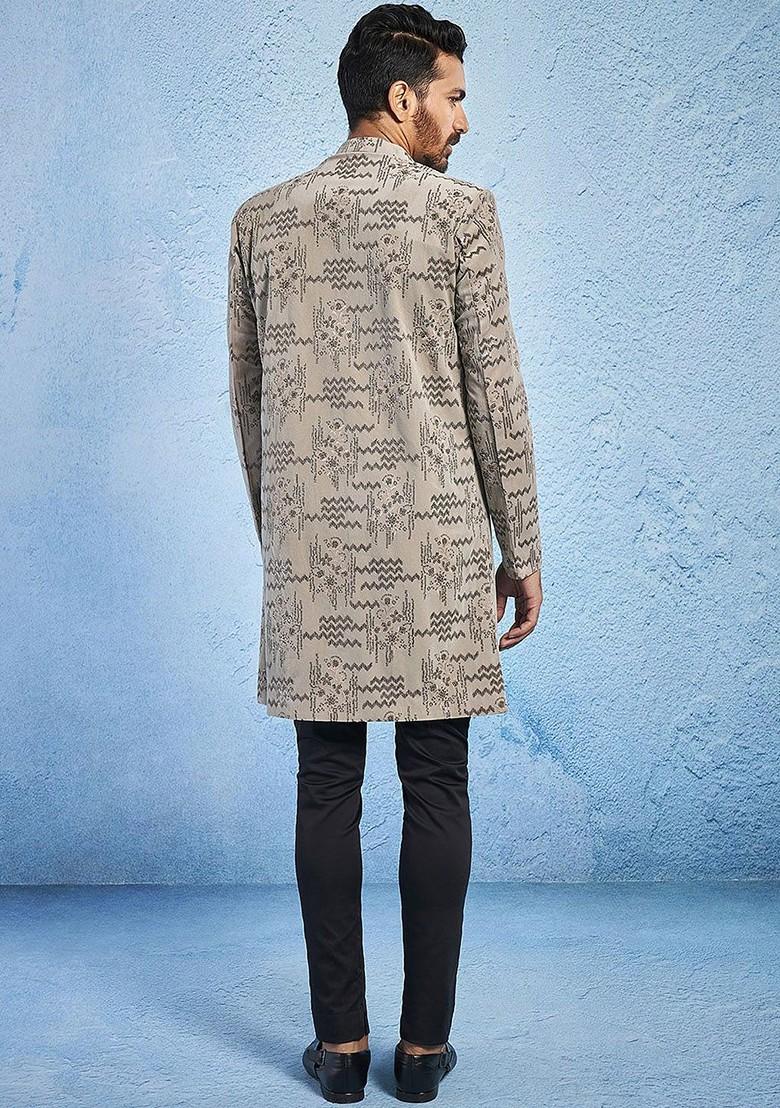 Beige Embroidered Poly Blend Indowestern Sherwani Set For Men