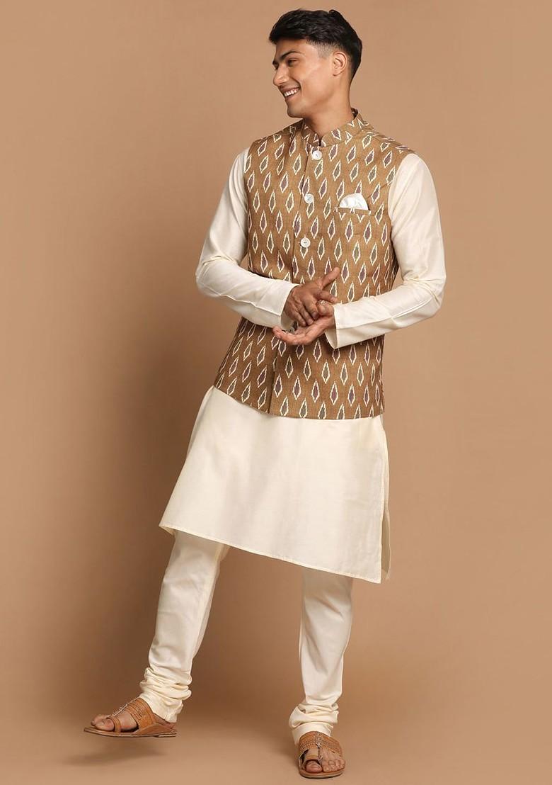 Cream Solid Poly Blend Kurta Set For Men