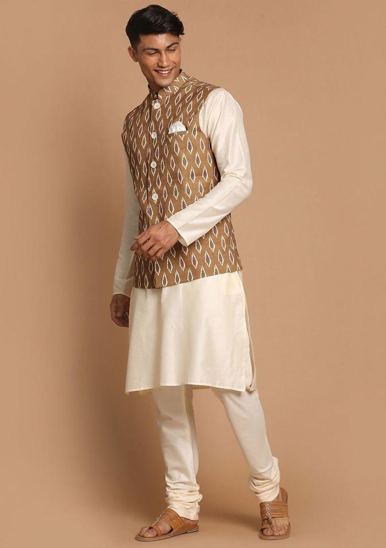 Cream Solid Poly Blend Kurta Set For Men