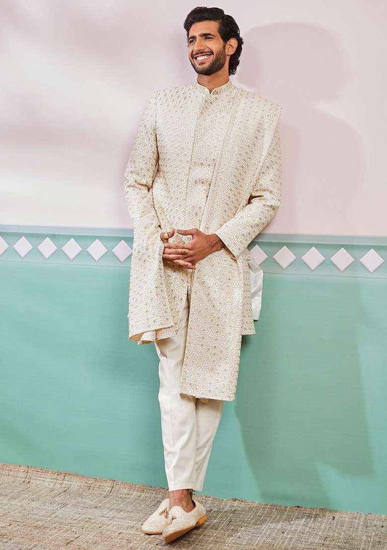 Off White Embroidered Poly Blend Indowestern Sherwani Set For Men - Indya