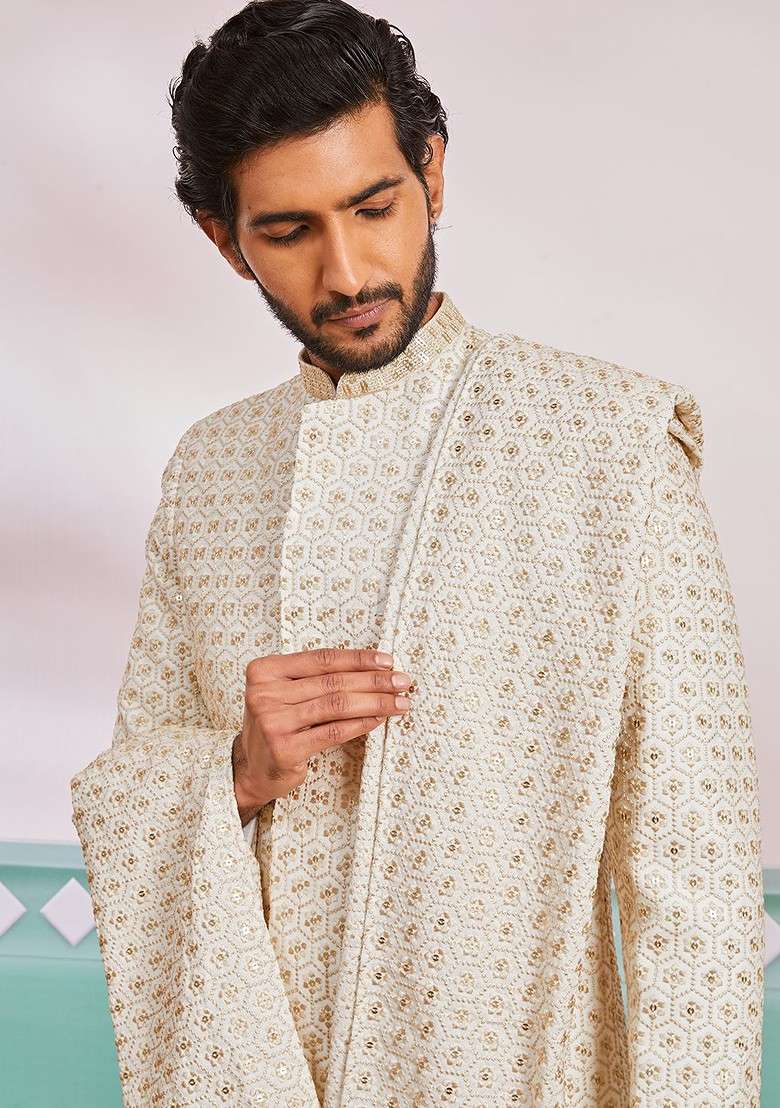 Off White Embroidered Poly Blend Indowestern Sherwani Set For Men - Indya