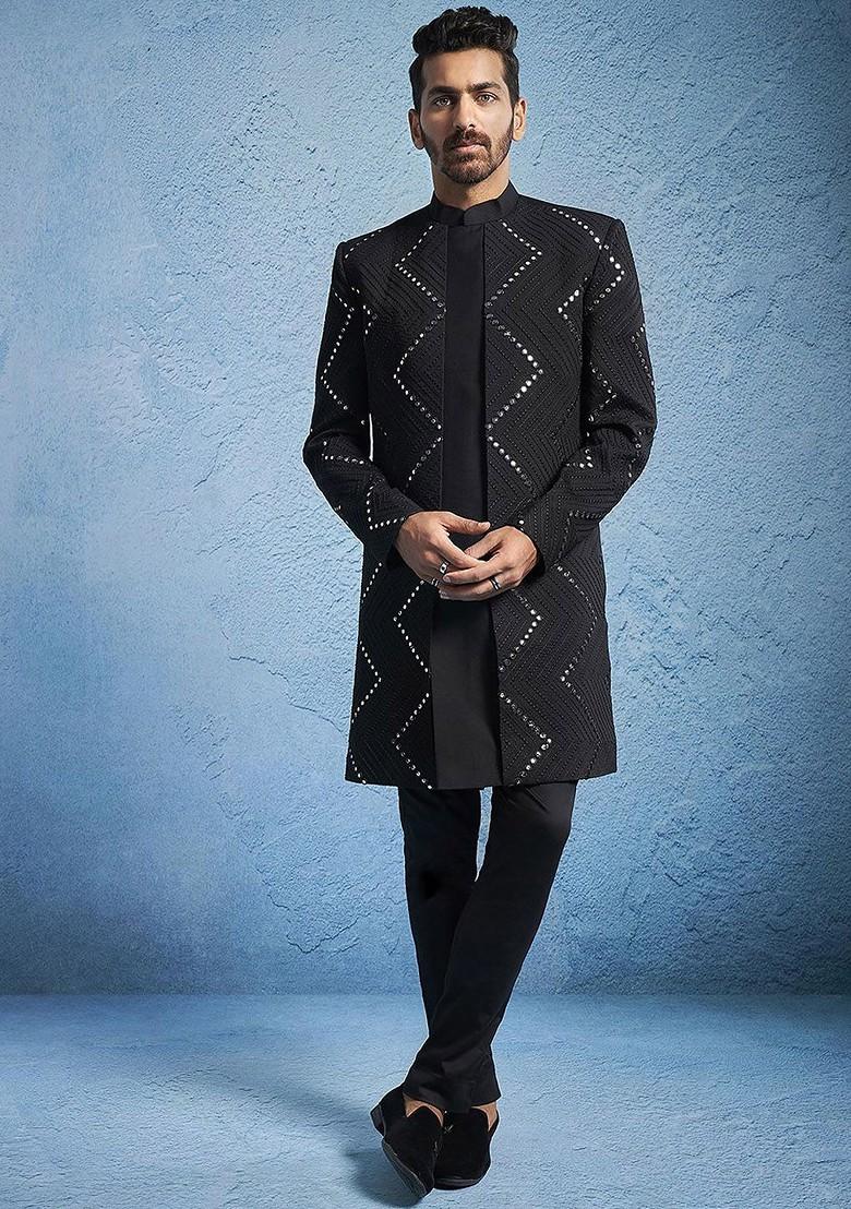 Black Embellished Poly Blend Indowestern Sherwani Set For Men